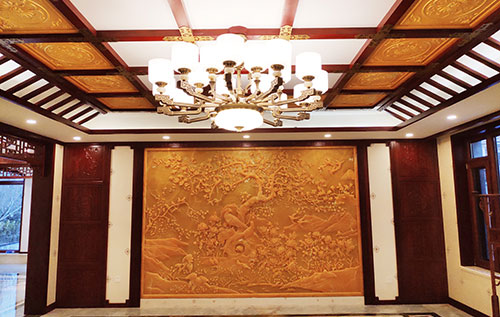 常平镇中式别墅客厅中式木作横梁吊顶装饰展示